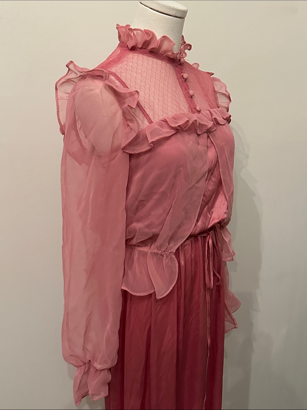 Vtg Romantic Victorian Hippie Maxi Dress Sheer Lace Ruffled Layered Top USA 70s - Picture 3 of 12